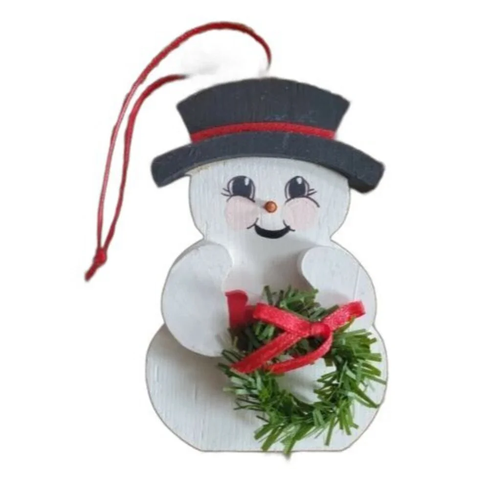 Christmas Snowman Ornament White Hand Painted Wood Black Smiling Happy 3